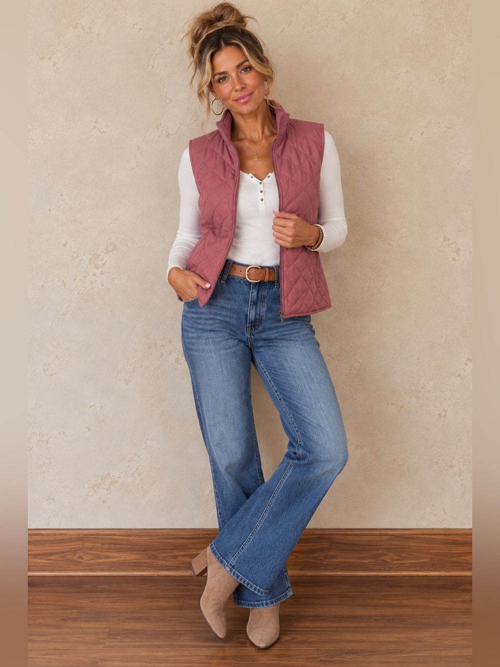 Umgee Quilted Vest Dusty Rose Zip Front Sleeveless Puffer Small